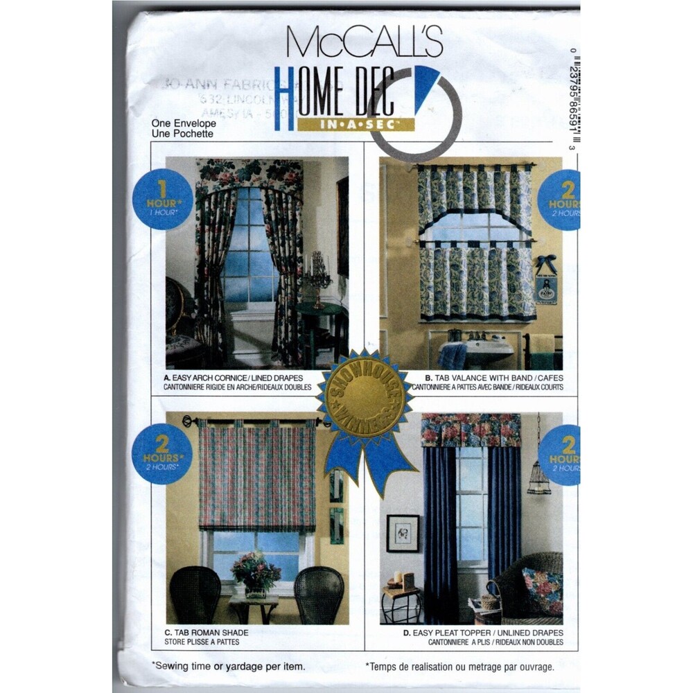 McCalls 8659 Sewing Pattern Home Dec in a Sec Drapery Curtains Valance NEW UNCUT
